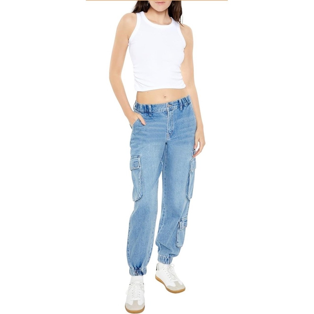 Forever 21 Women's XL NWT Denim Cargo Jogger Pants Y2K Streetwear Utility - Picture 2 of 14